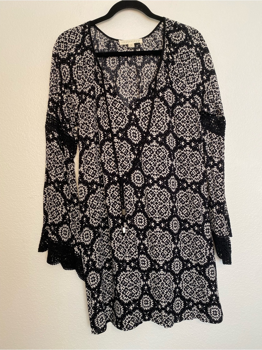 Lovestitch Boho Printed Mini Dress | Black & Cream | Size M